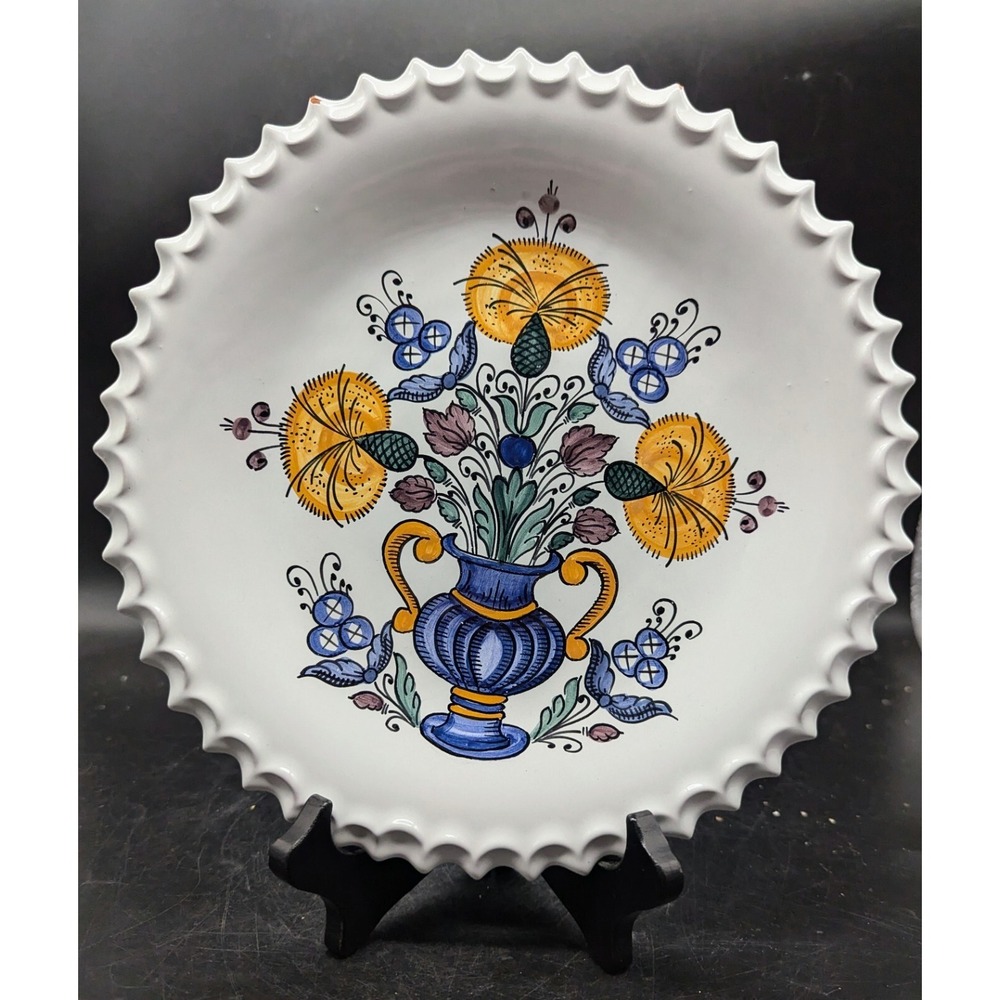 HABAN Pottery Faience Majolica Plate Bowl Hungary Floral 9.5" Vintage Scalloped